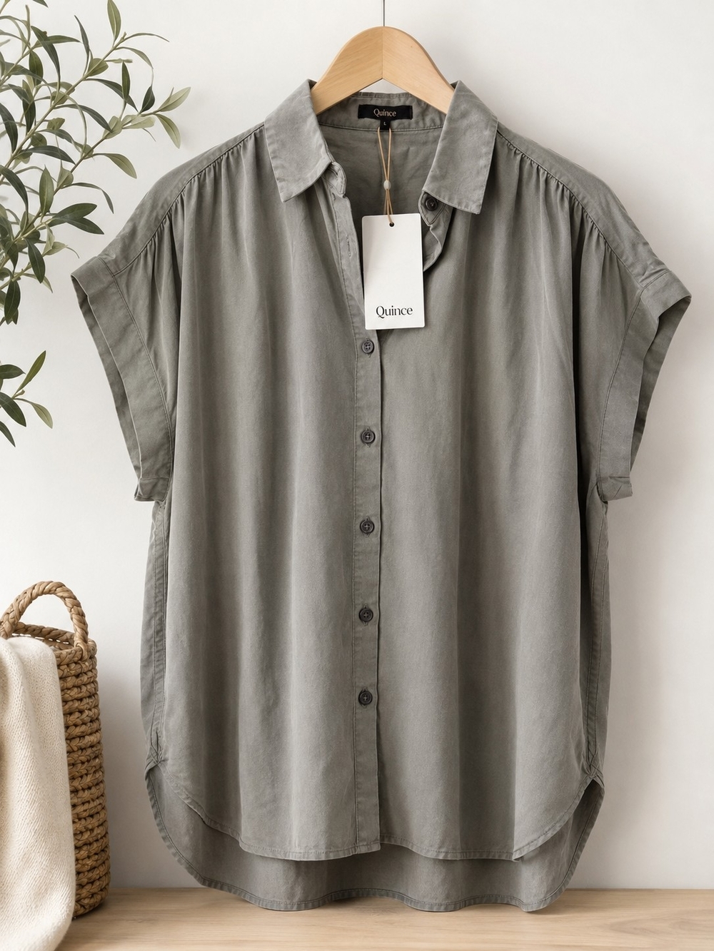 Quince Vintage Wash Tencel Camp Shirt Shale Gray L NWT